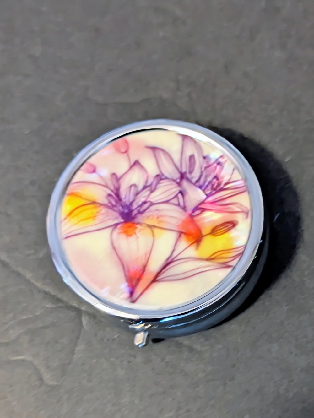Pill Trinket Jewelry Storage Travel Box Flower Mirror Pink Yellow NWOT